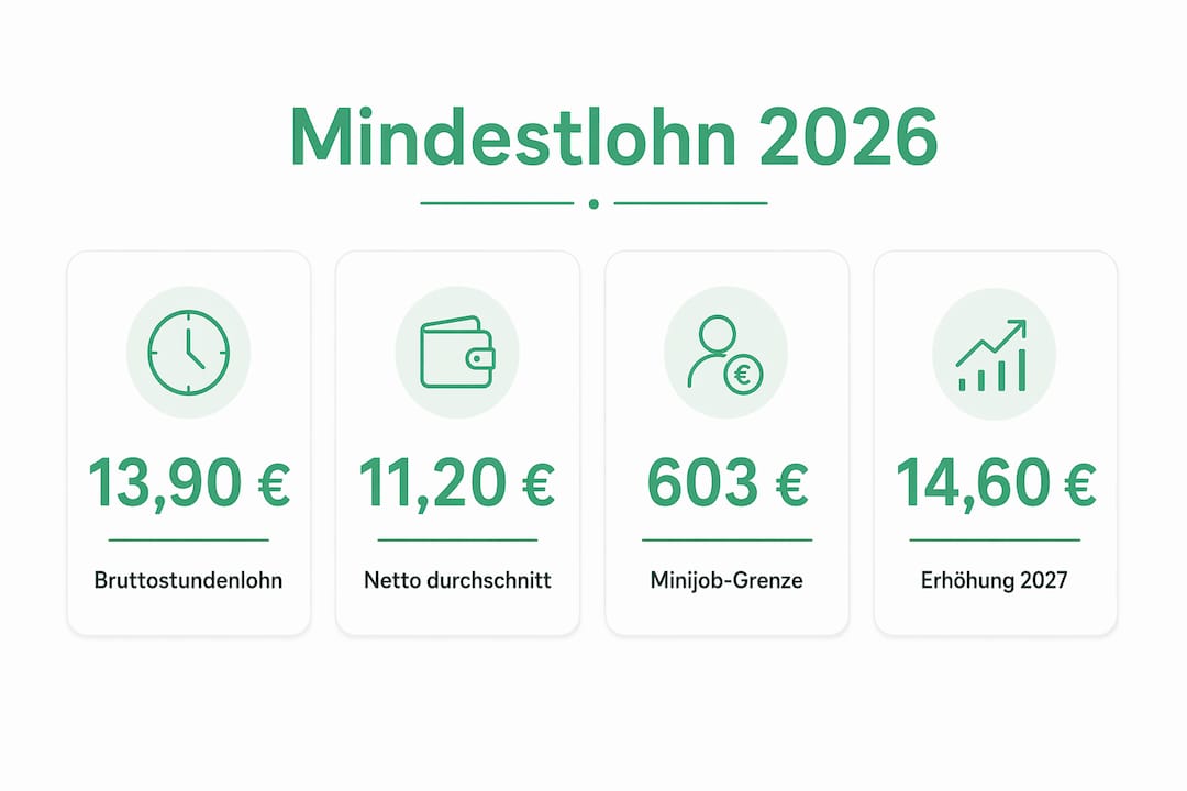 Grafik gibt einen Überblick über die Netto- und Brutto-Mindestlöhne im Jahr 2026