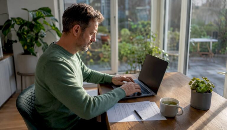 Ein Elternteil sitzt am Laptop und füllt online den Antrag auf Kindergeld aus.