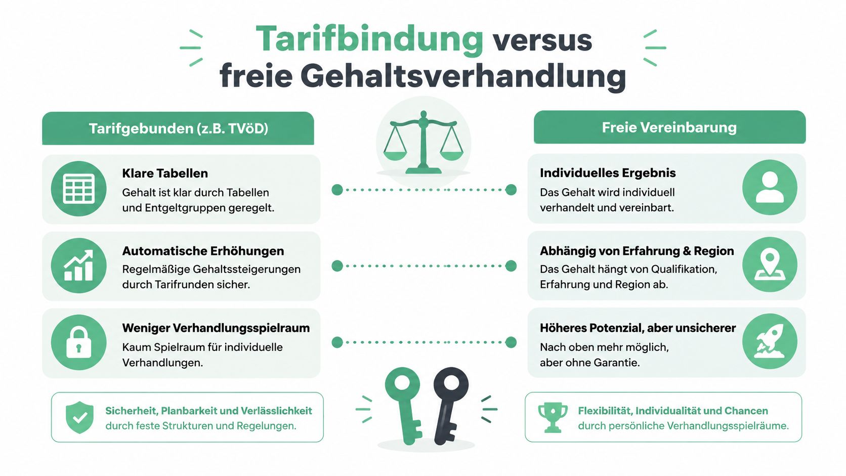 Vergleichsgrafik zwischen Tarifbindung mit festen Tabellen und freier Gehaltsverhandlung mit individuellen Verhandlungsspielräumen für Arbeitnehmer.