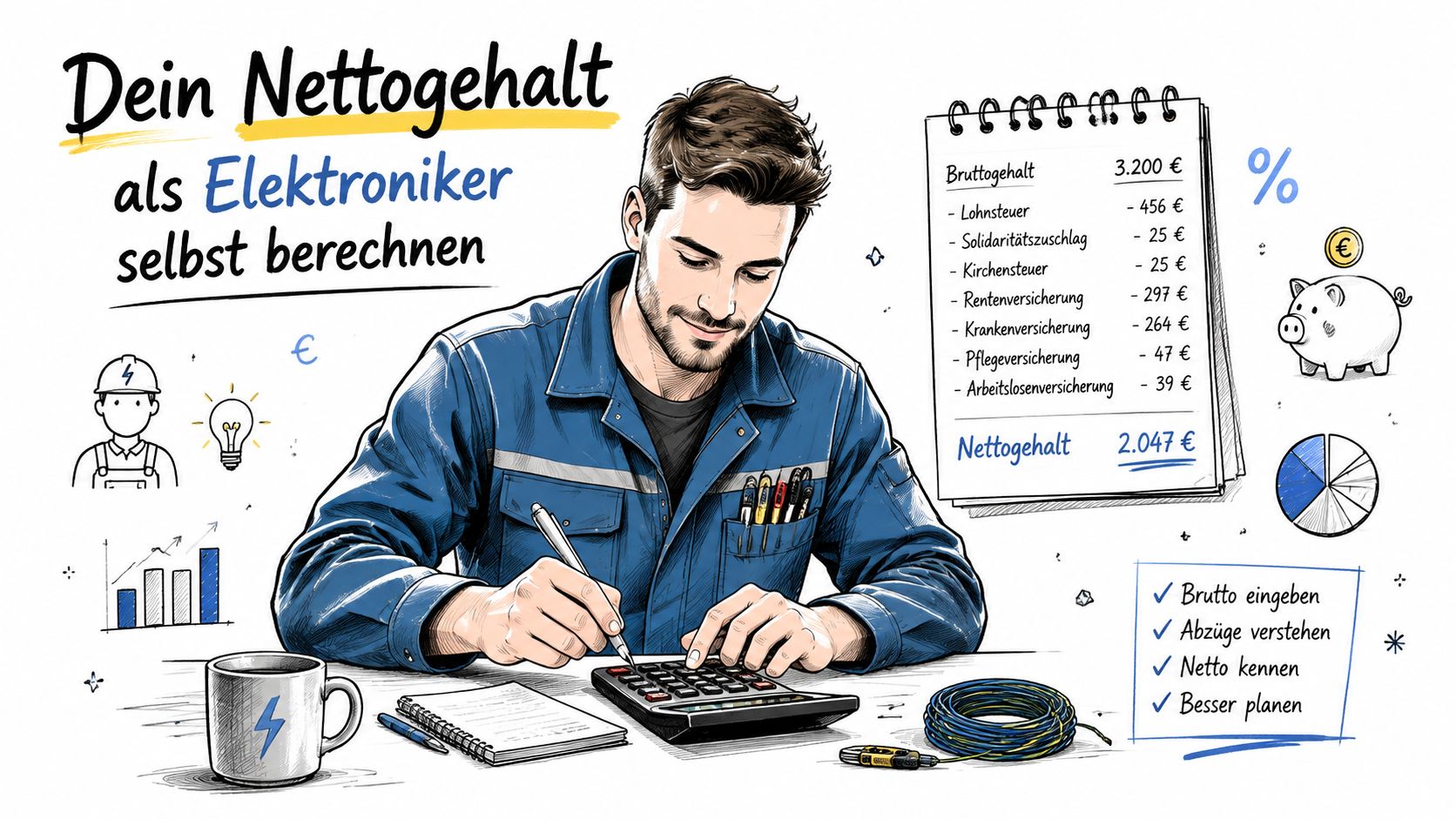 Ein Elektroniker berechnet an seinem Schreibtisch sein monatliches Nettogehalt anhand einer detaillierten Übersicht der verschiedenen Abzüge.