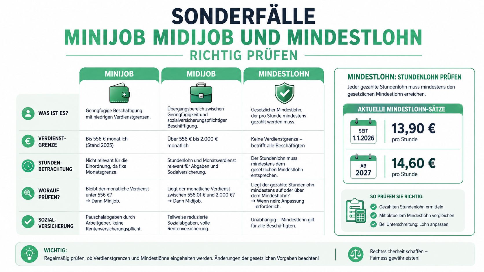 Eine Übersichtstabelle zu den Regelungen für Minijob, Midijob und den gesetzlichen Mindestlohn in Deutschland.