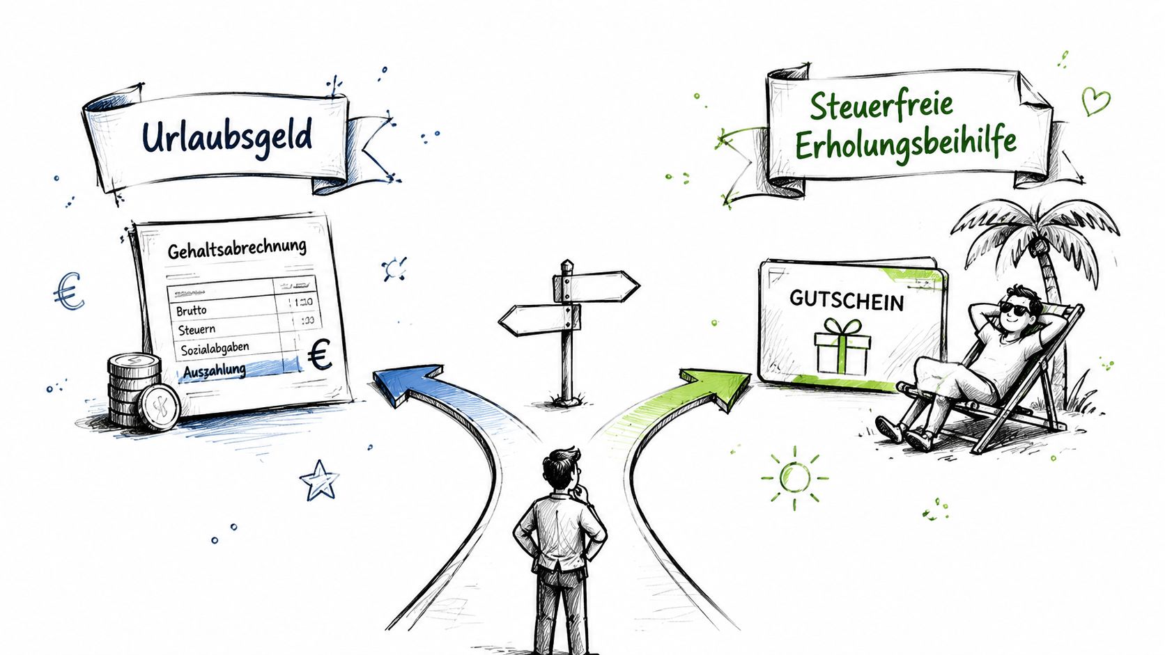 Ein Geschäftsmann entscheidet sich zwischen einer steuerpflichtigen Gehaltsabrechnung und einem steuerfreien Erholungsbeihilfe-Gutschein für den Urlaub.