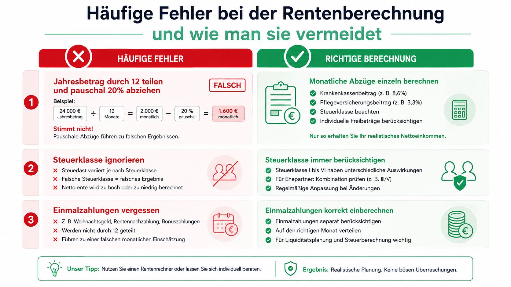 Infografik über häufige Fehler bei der Rentenberechnung und die korrekte Vorgehensweise für eine realistische Planung.