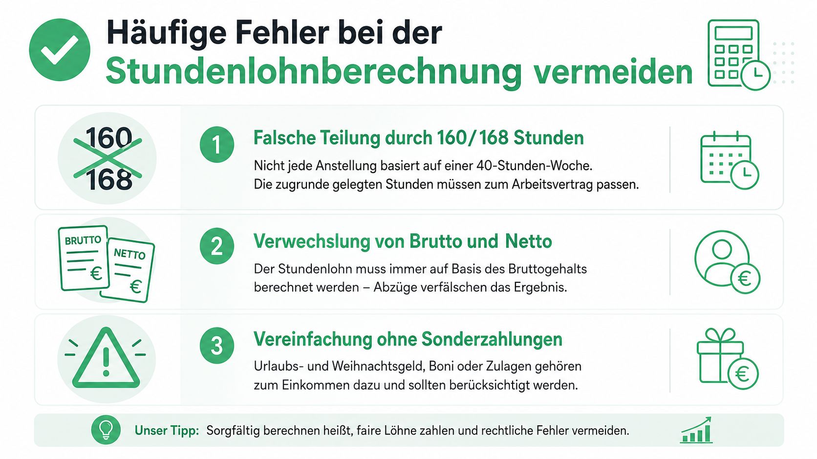 Infografik mit drei wichtigen Tipps zur Vermeidung von Fehlern bei der Berechnung des korrekten Stundenlohns im Unternehmen.