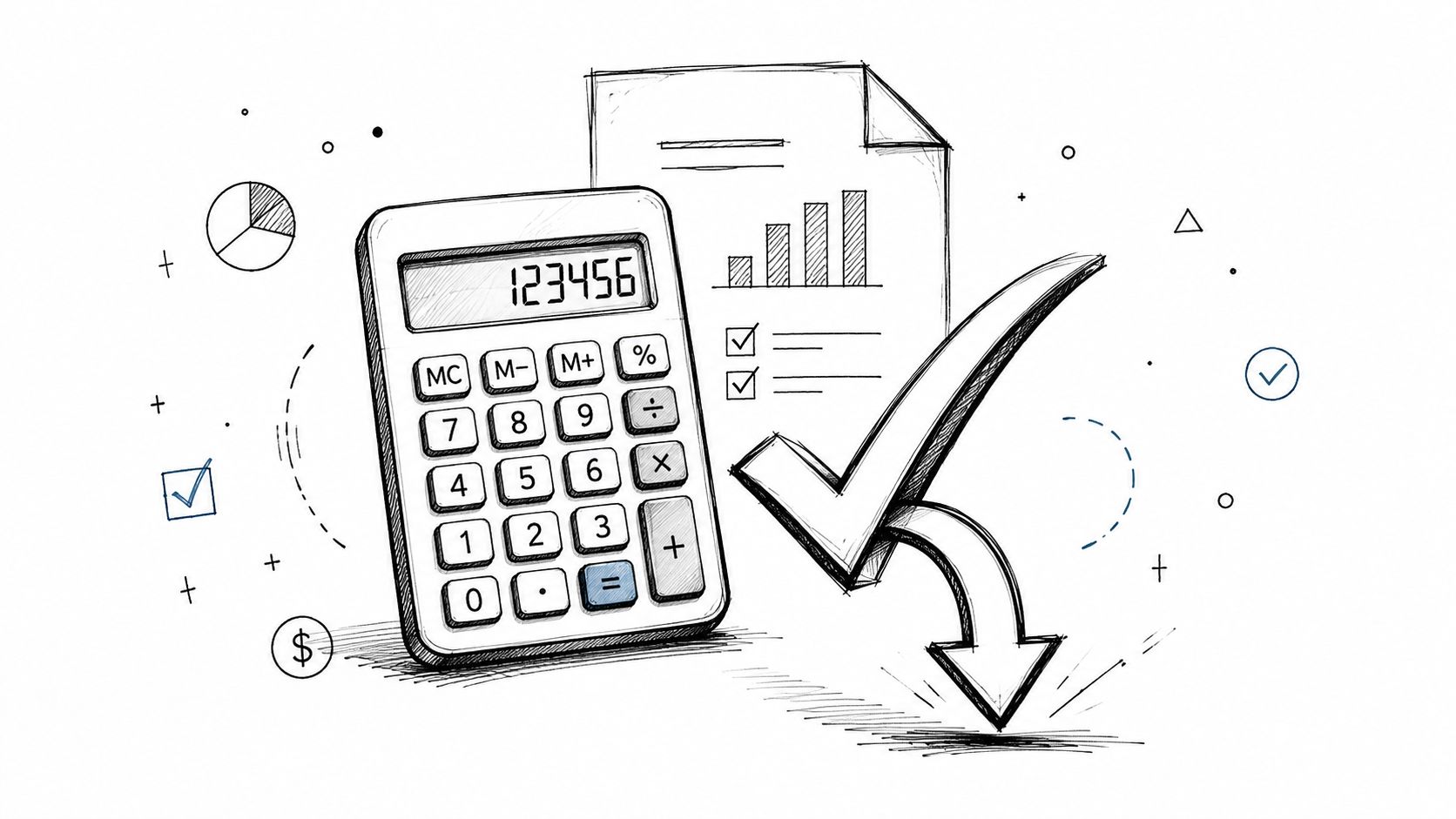 Eine gezeichnete Illustration mit Taschenrechner, Finanzdokumenten und einem grünen Häkchen für effiziente Stundenlohn-Berechnungen und Finanzplanung.