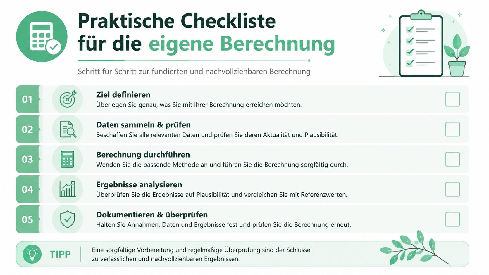 Eine strukturierte Checkliste für die eigene Berechnung in fünf Schritten für verlässliche und nachvollziehbare Ergebnisse.