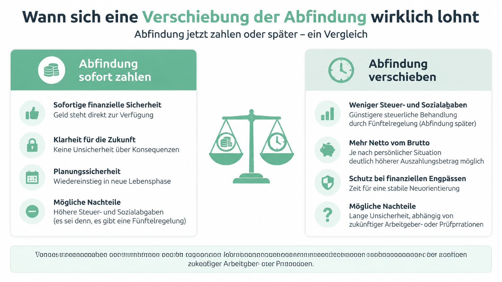 Eine Infografik mit einem Vergleich der Vor- und Nachteile von sofortiger oder zeitversetzter Auszahlung einer Abfindung.
