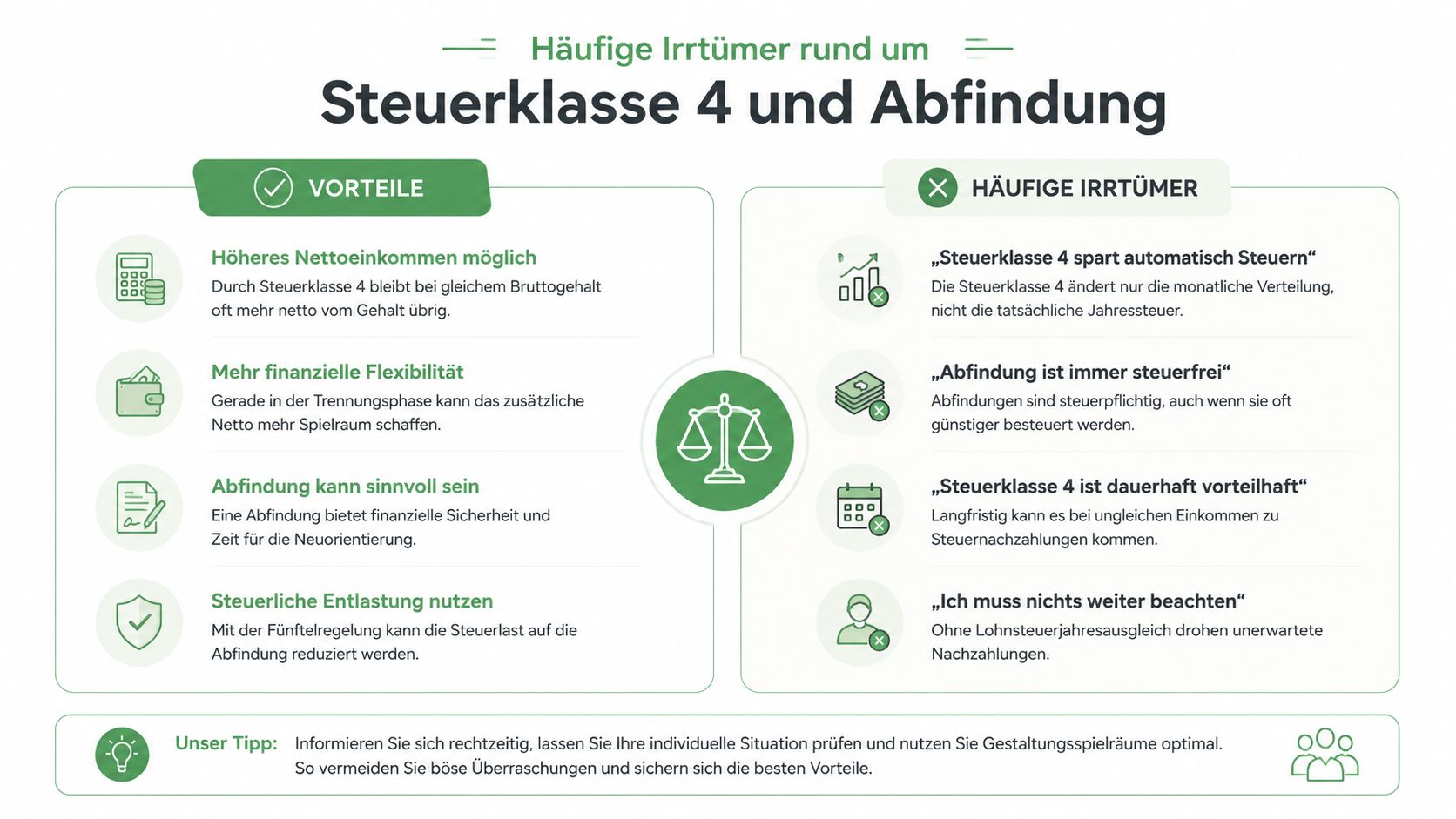 Eine Infografik erklärt die Vor- und Nachteile sowie häufige Irrtümer zu Steuerklasse 4 und Abfindungen in Deutschland.