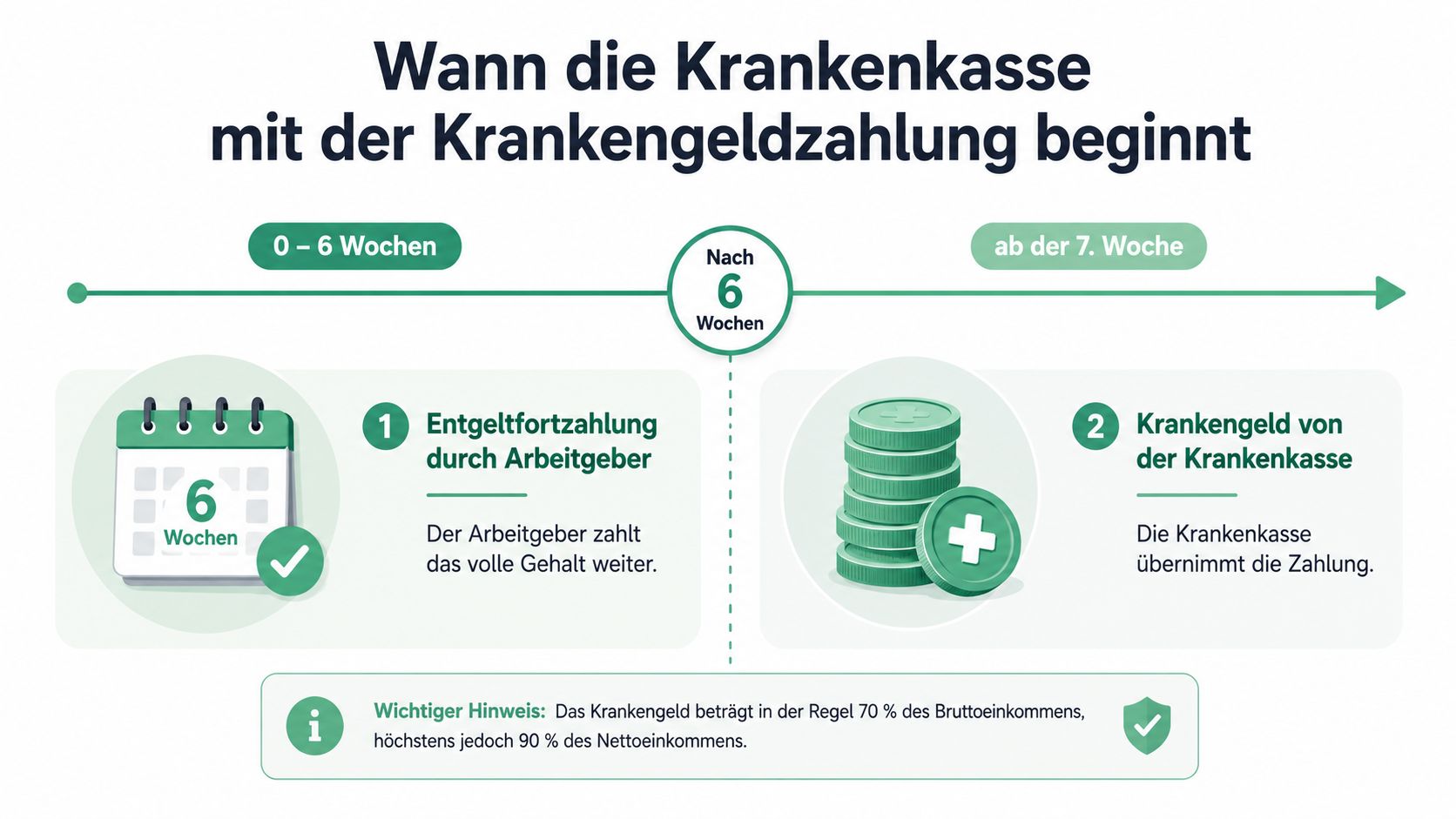 Grafik zeigt den zeitlichen Ablauf der Entgeltfortzahlung durch den Arbeitgeber und den Beginn des Krankengelds ab der siebten Woche.