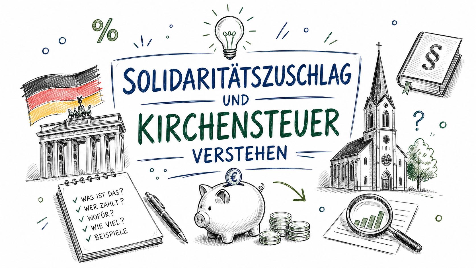 Eine grafische Illustration zum Thema Solidaritätszuschlag und Kirchensteuer in Deutschland mit Symbolen wie der Kirche und dem Brandenburger Tor.