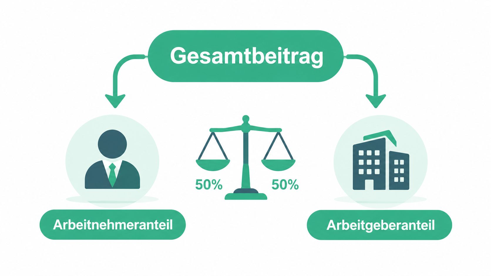 Grafische Darstellung zeigt die paritätische Aufteilung der Sozialabgaben zwischen Arbeitnehmer und Arbeitgeber zu jeweils 50 Prozent.