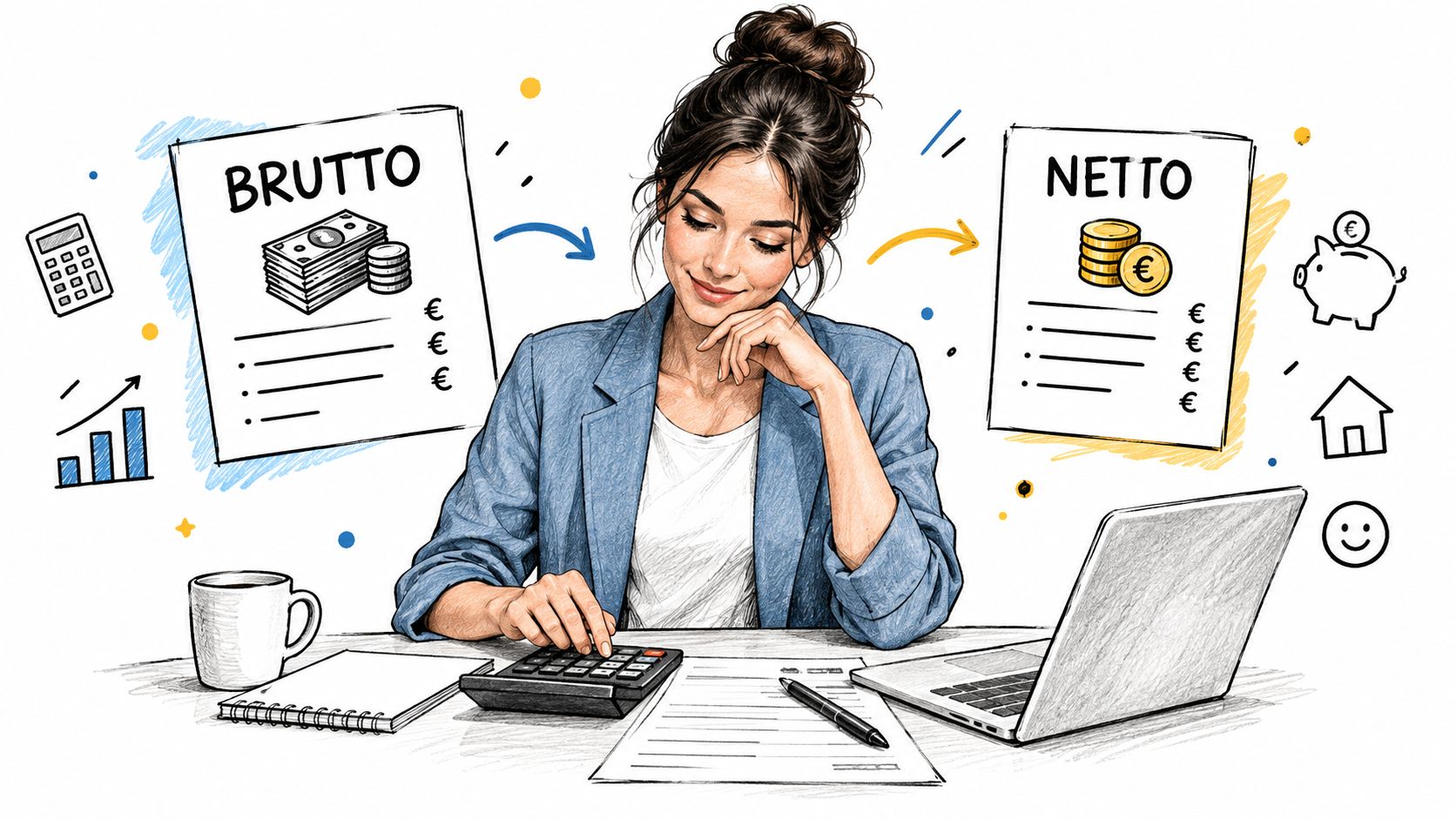Eine Frau berechnet an einem Schreibtisch mit Taschenrechner und Laptop den Unterschied zwischen Brutto- und Netto-Gehalt.