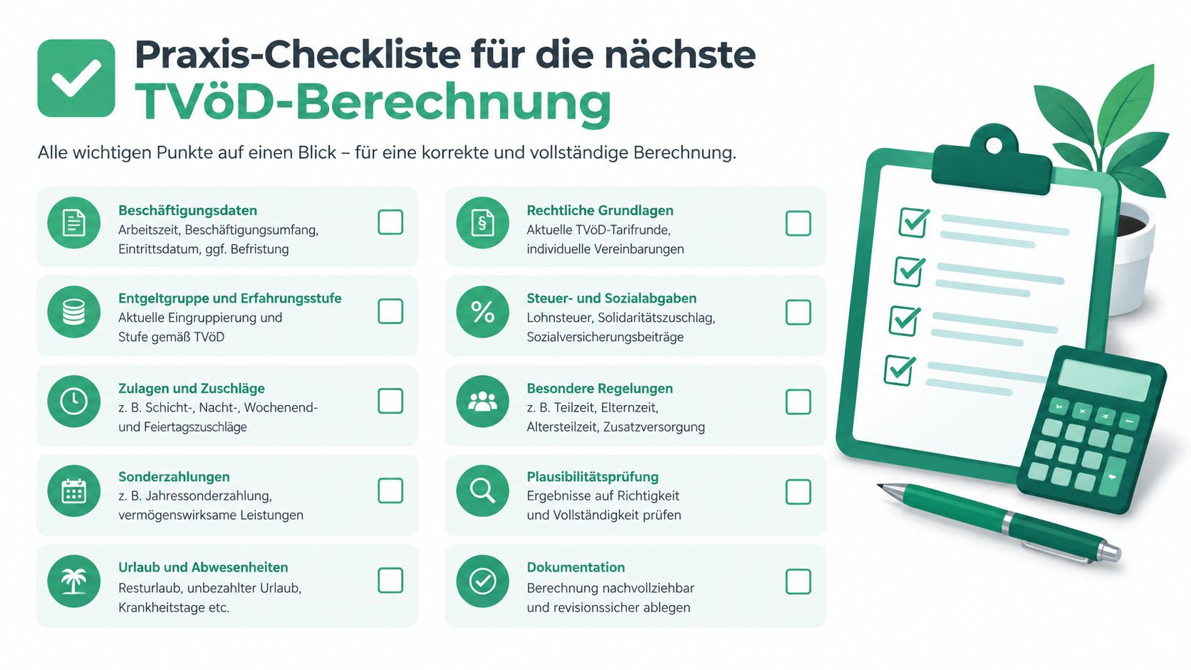 Eine strukturierte Praxis-Checkliste für die korrekte und vollständige Berechnung von TVöD-Gehältern mit allen wichtigen Faktoren im Überblick.