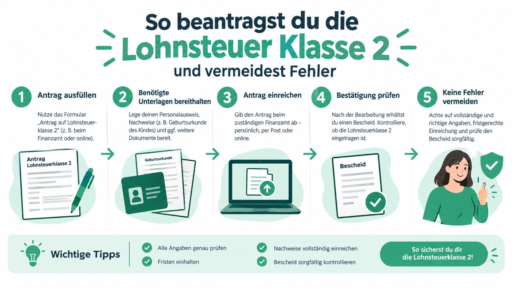 Eine Infografik mit fünf Schritten zur Beantragung der Lohnsteuerklasse 2 und hilfreichen Tipps für eine fehlerfreie Einreichung.