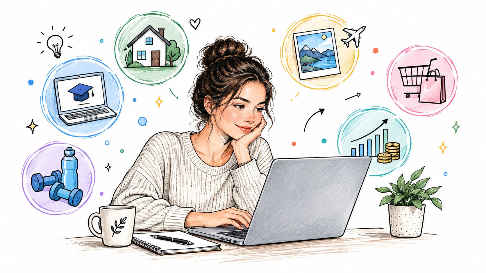 Eine junge Frau arbeitet an ihrem Laptop und plant ihre berufliche Zukunft und finanziellen Ziele mit verschiedenen Symbolen.
