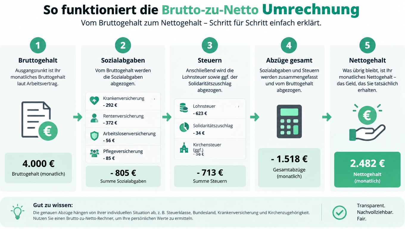 Eine Infografik erklärt Schritt für Schritt die Umrechnung vom Bruttogehalt zum Nettogehalt anhand eines Gehaltsbeispiels.