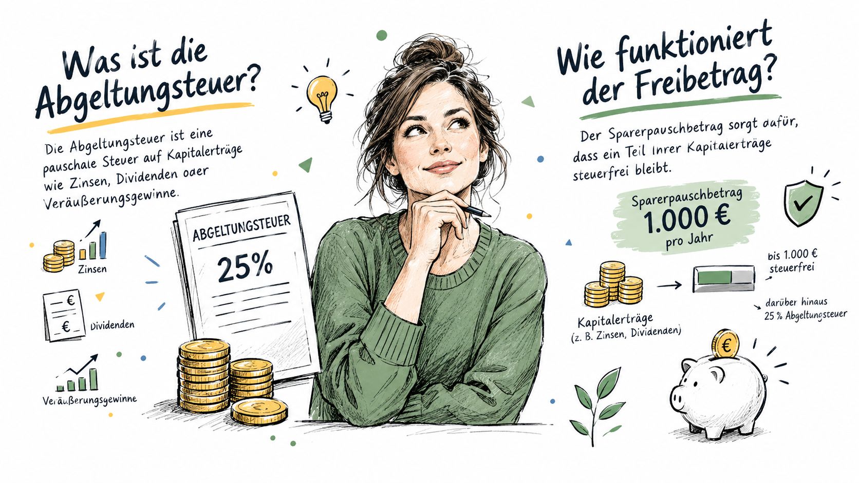 Eine Infografik erklärt die Abgeltungssteuer und den Sparerpauschbetrag von 1.000 Euro für Kapitalerträge in Deutschland.