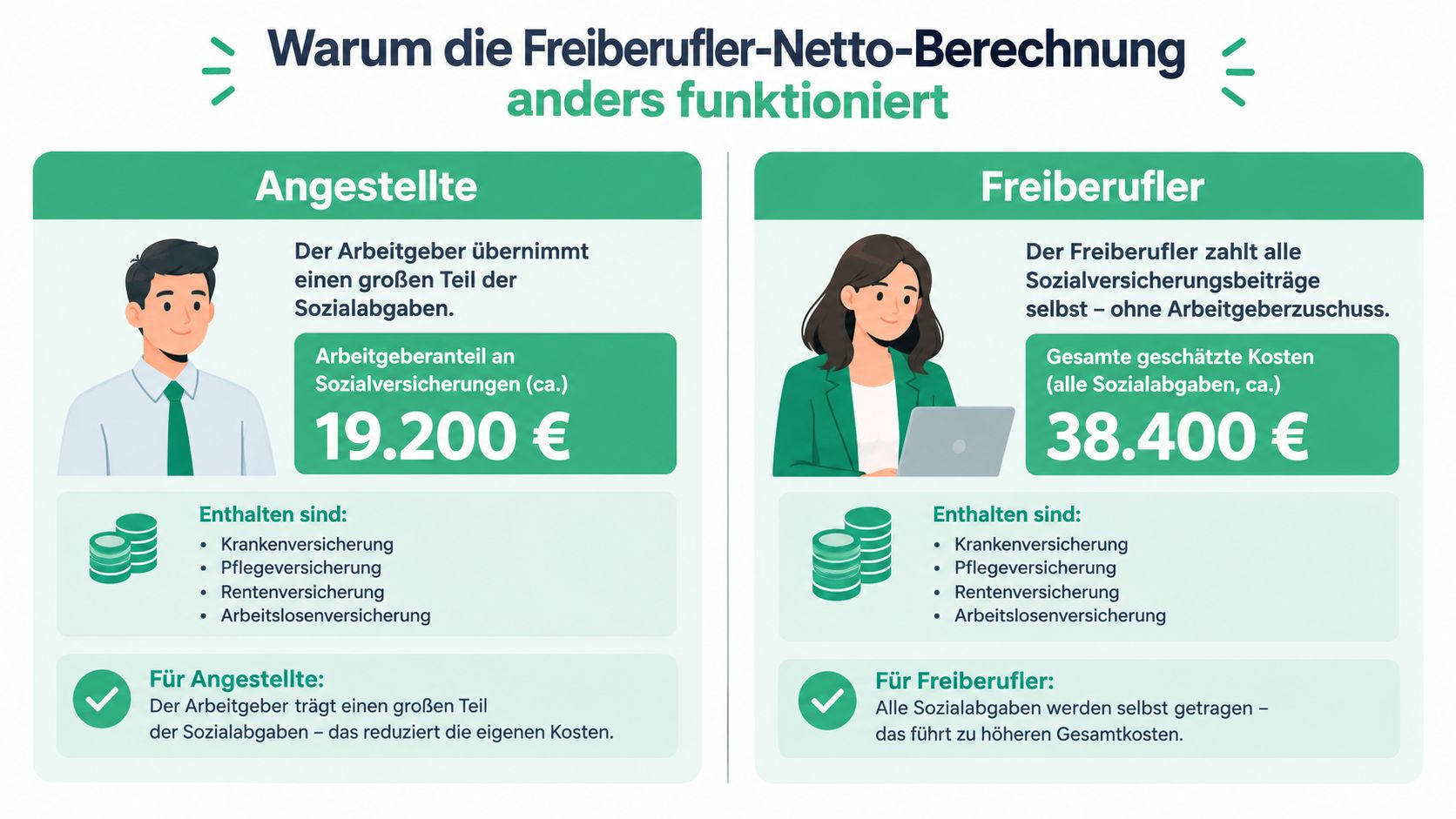 Vergleich der Sozialabgaben zwischen Angestellten mit Arbeitgeberzuschuss und Freiberuflern ohne Zuschuss in einer übersichtlichen Infografik.