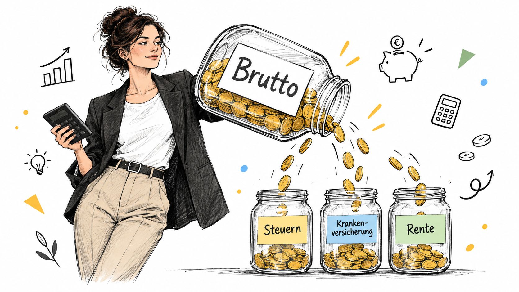 Eine Frau hält ein Glas mit der Aufschrift Brutto, das Geld in drei kleinere Gläser für Abzüge verteilt.