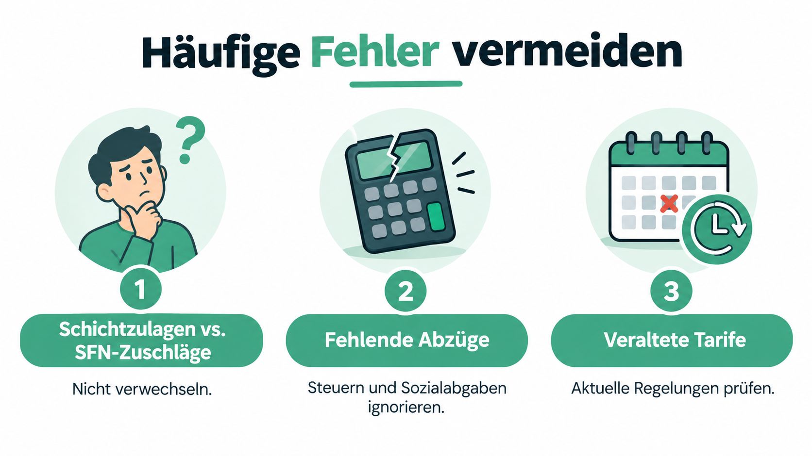Grafik zeigt drei häufige Fehler bei der Lohnabrechnung für Schichtzulagen, Steuerabzüge und veraltete Tarife im Überblick.