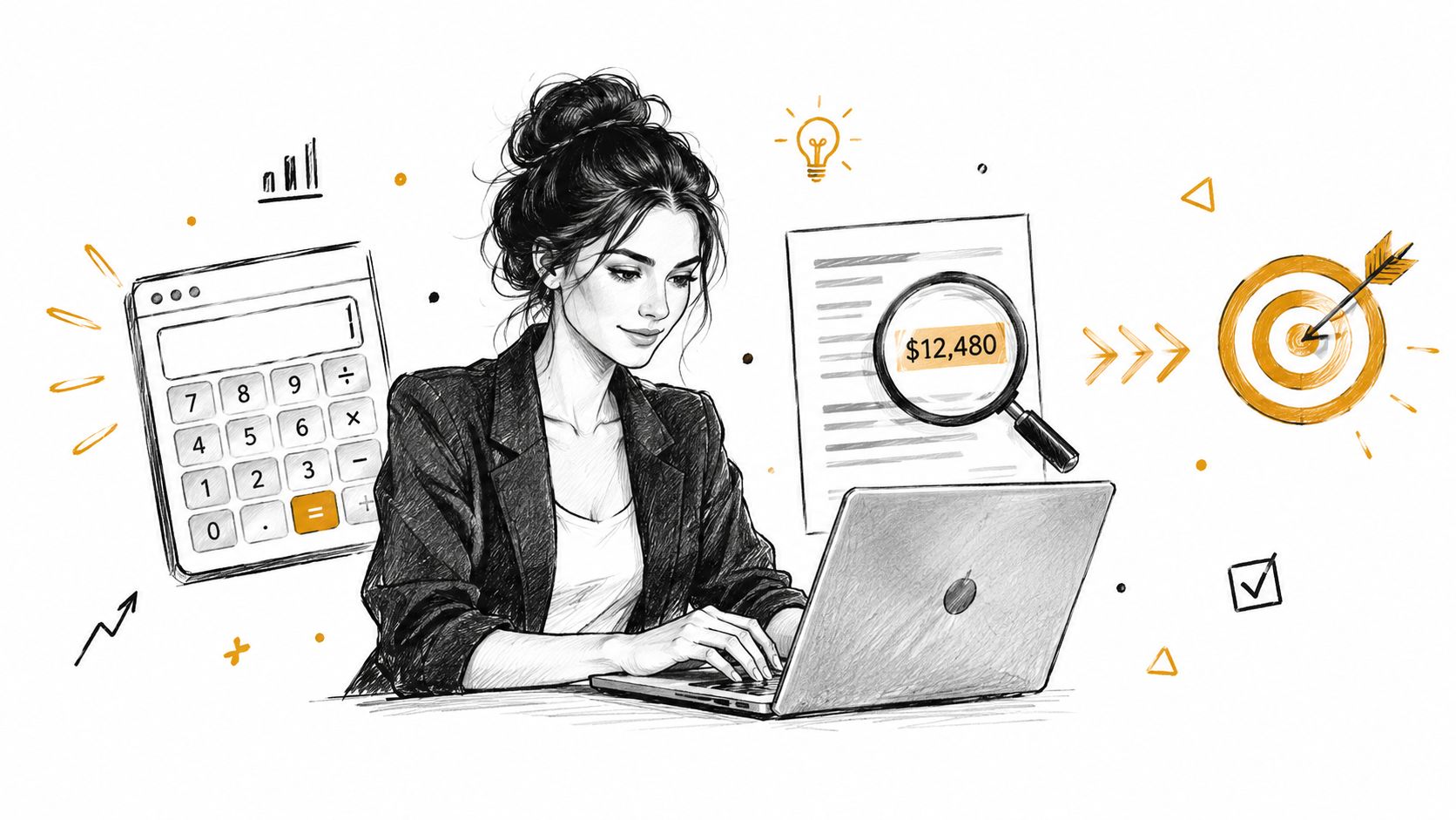Eine Geschäftsfrau arbeitet konzentriert an einem Laptop, unterstützt durch einen Taschenrechner und finanzielle Zielvorgaben zur Steuerplanung.