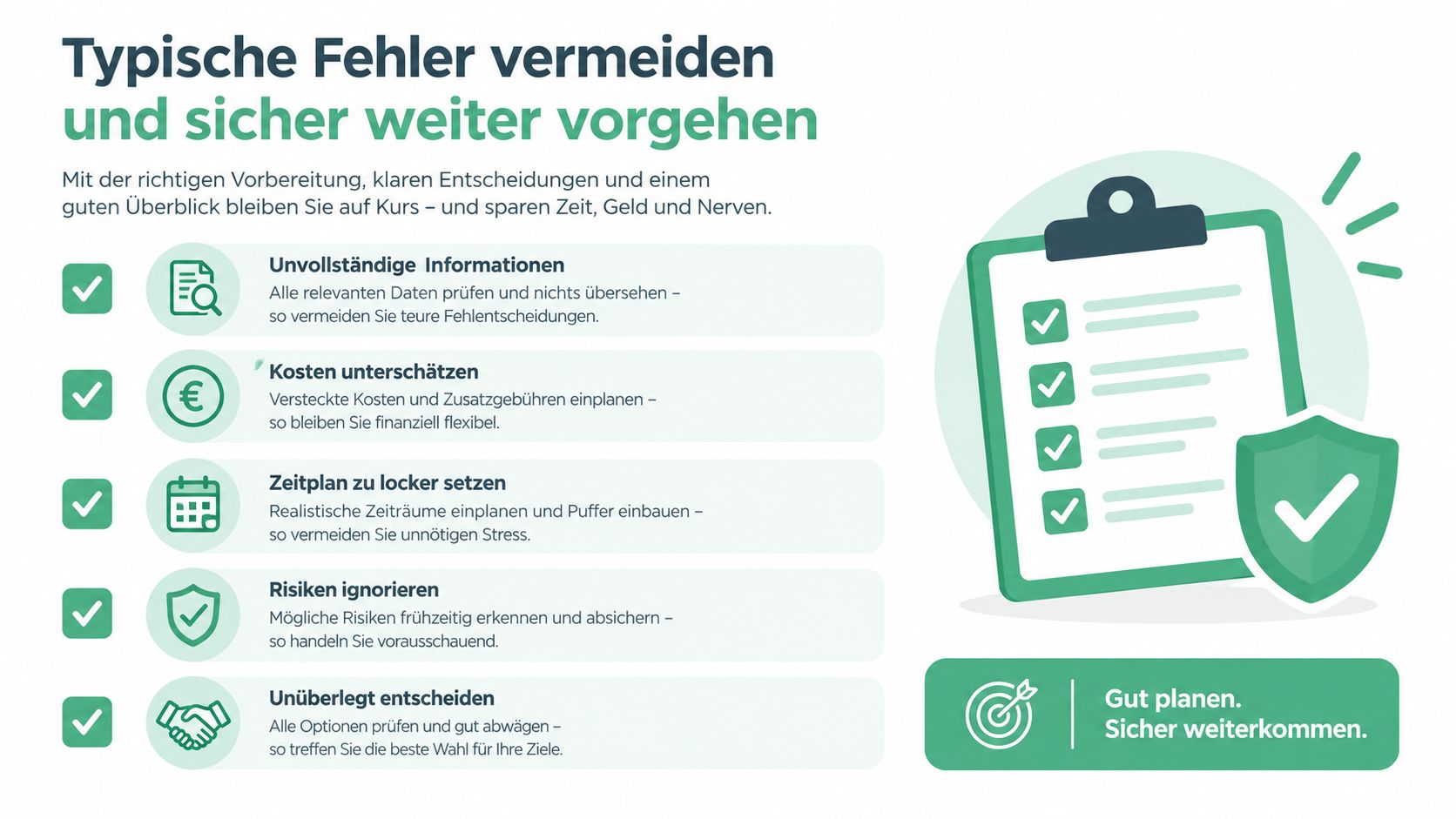 Eine Infografik zur Vermeidung typischer Fehler durch gute Planung, klare Entscheidungen und einen Überblick für finanzielle Sicherheit.