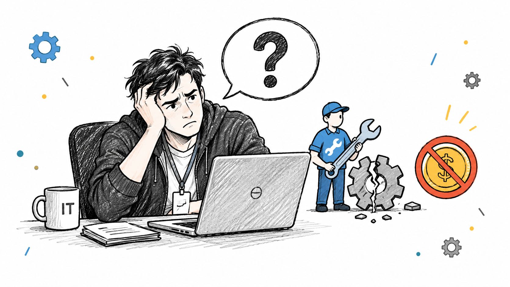 Ein besorgter IT-Mitarbeiter arbeitet am Laptop neben einem Mechaniker mit einem defekten Zahnrad und einem Verbotssymbol.