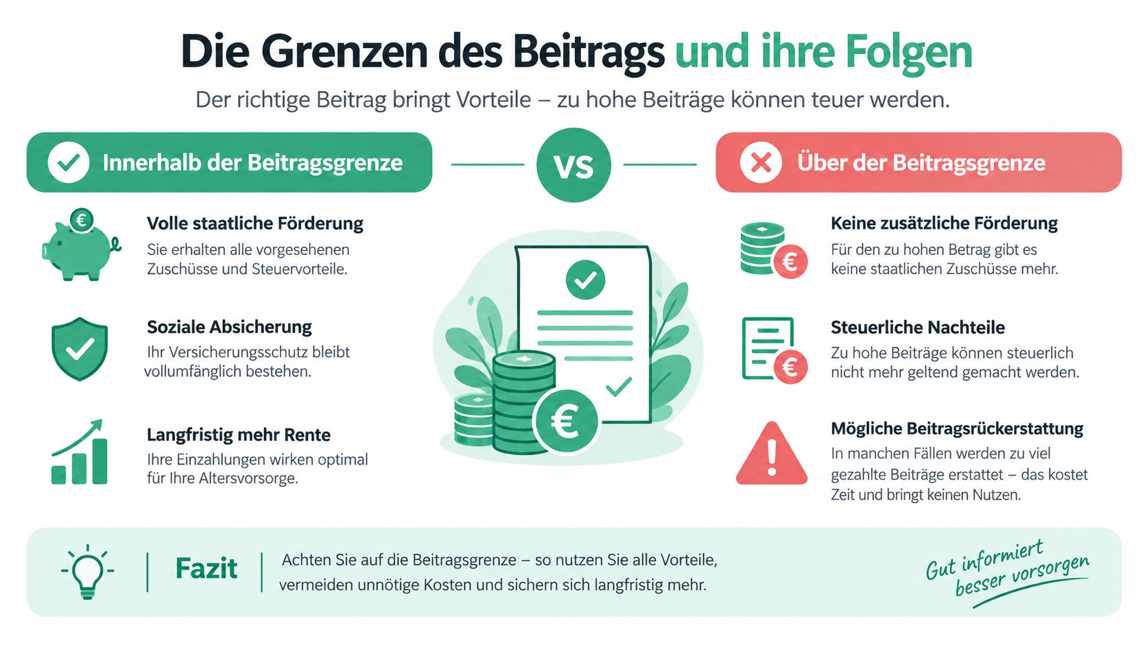 Infografik über die Vor- und Nachteile von Rentenbeiträgen innerhalb und außerhalb der gesetzlichen Beitragsbemessungsgrenzen.