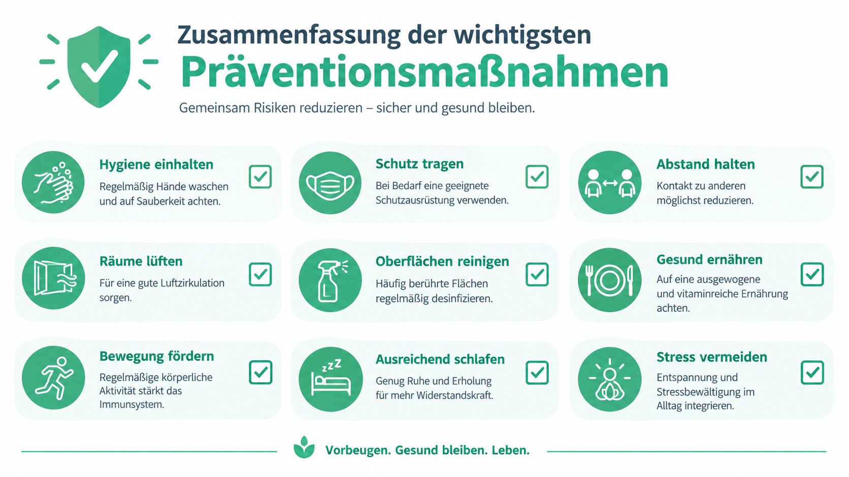 Infografik mit den wichtigsten Gesundheits- und Präventionsmaßnahmen für einen sichereren und gesünderen Lebensstil im Alltag.