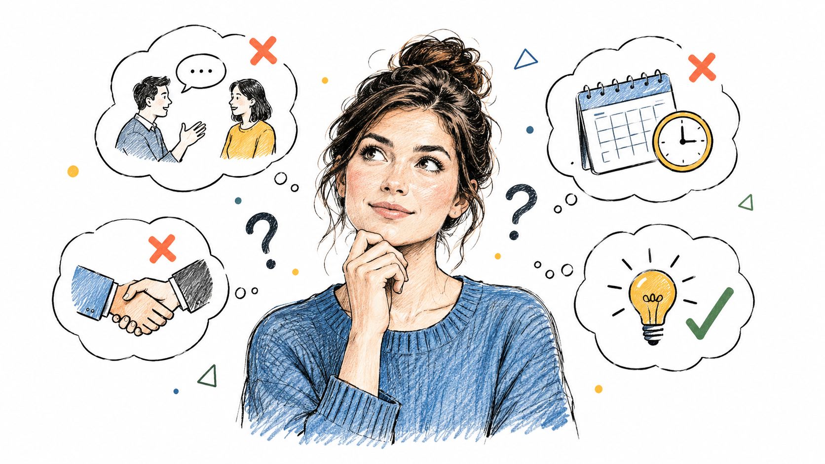 Eine nachdenkliche junge Frau überlegt mit verschiedenen Symbolen für Kommunikation, Zeitmanagement und Ideen in Gedankenblasen.