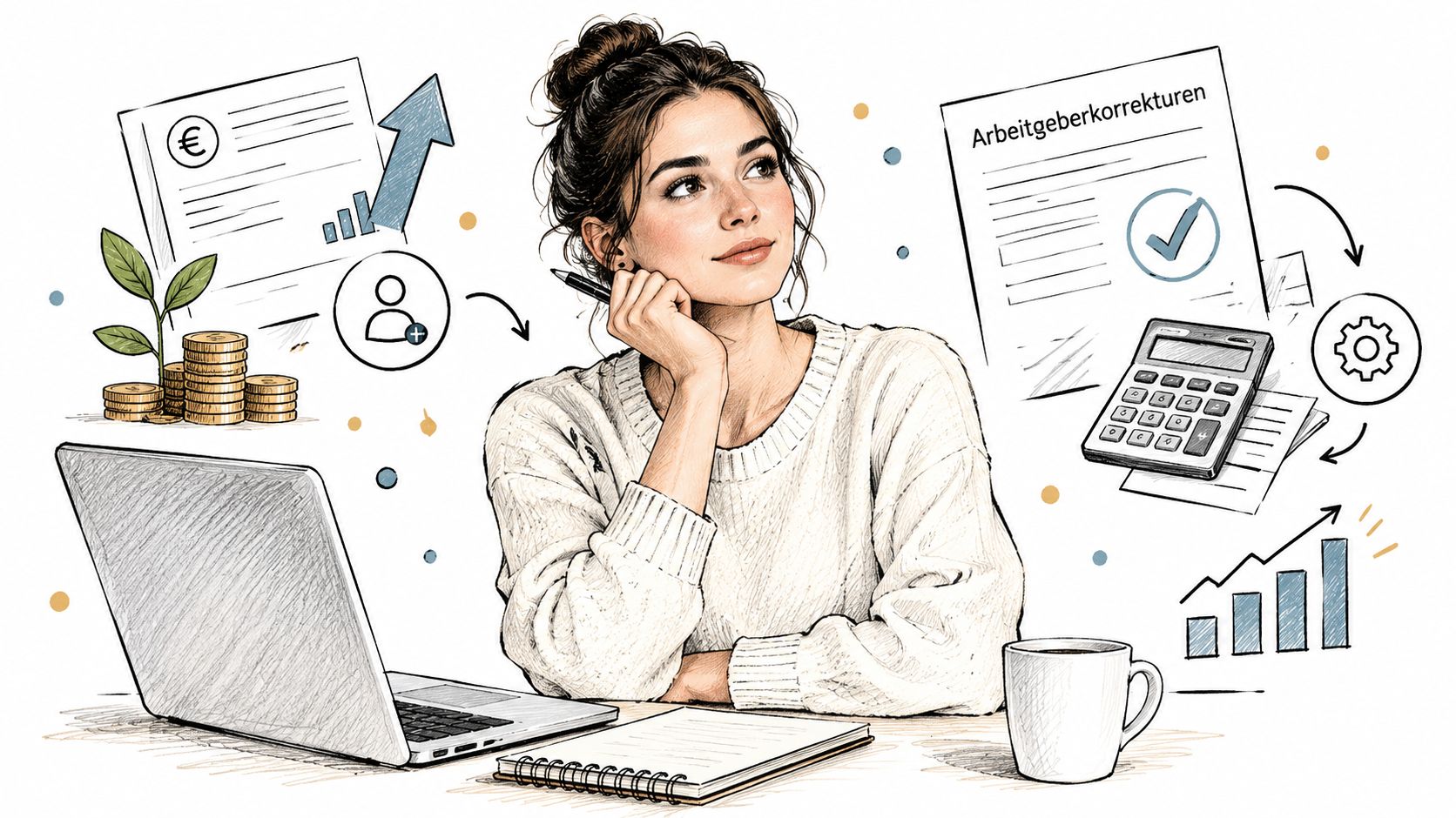 Eine Frau arbeitet am Laptop mit grafischen Elementen zu Finanzen, Arbeitgeberkorrekturen und Steuern auf einem Schreibtisch.