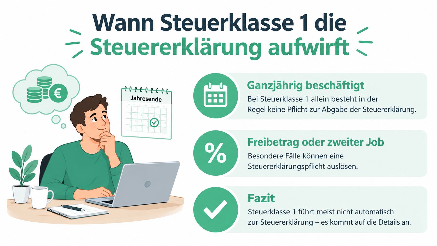 Eine Infografik erklärt, wann bei Steuerklasse 1 eine Steuererklärung notwendig ist und welche Ausnahmen dabei bestehen.