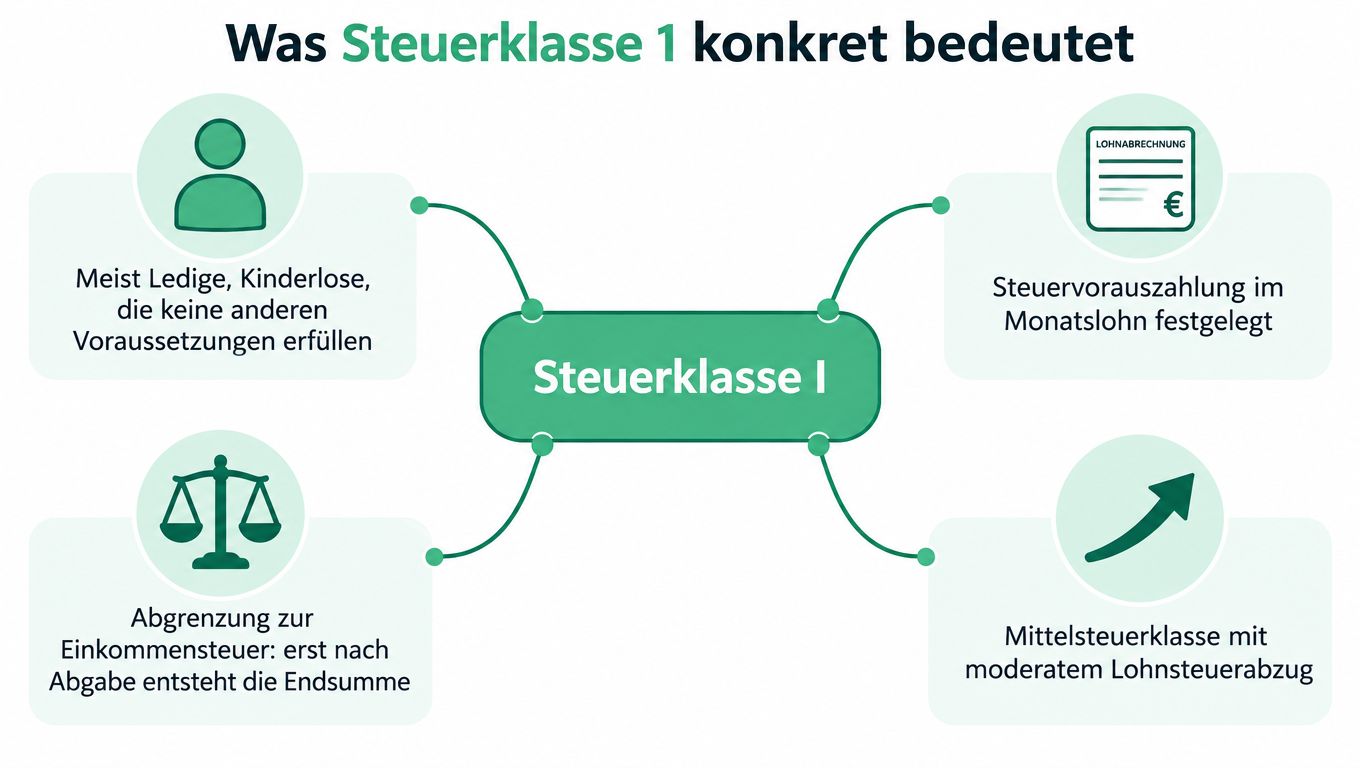 Eine Infografik erklärt die Merkmale der deutschen Steuerklasse 1 für ledige und kinderlose Arbeitnehmer.